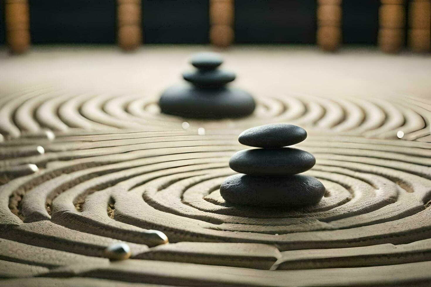 a zen garden with stones and a spiral pattern. AI-Generated photo