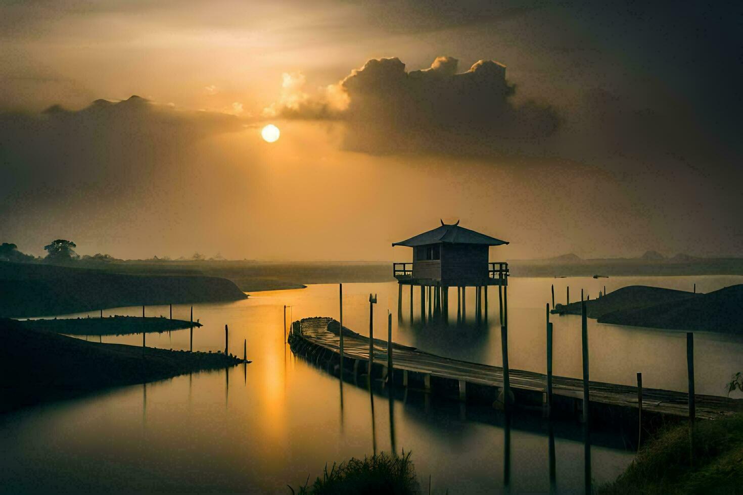 a small wooden house sits on the edge of a lake. AI-Generated photo