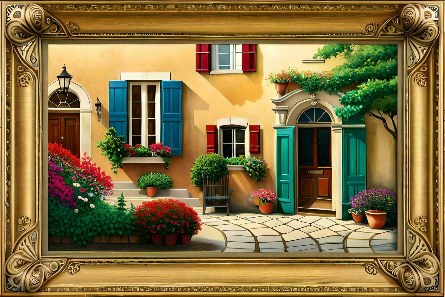 a painting of a house with flowers and plants. AI-Generated photo