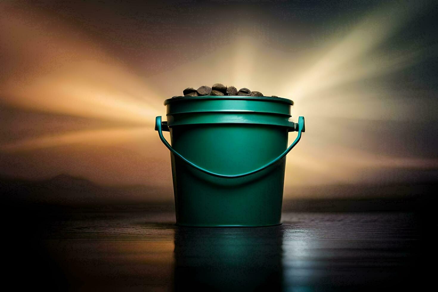 a bucket of beans on a table in front of a light. AI-Generated photo