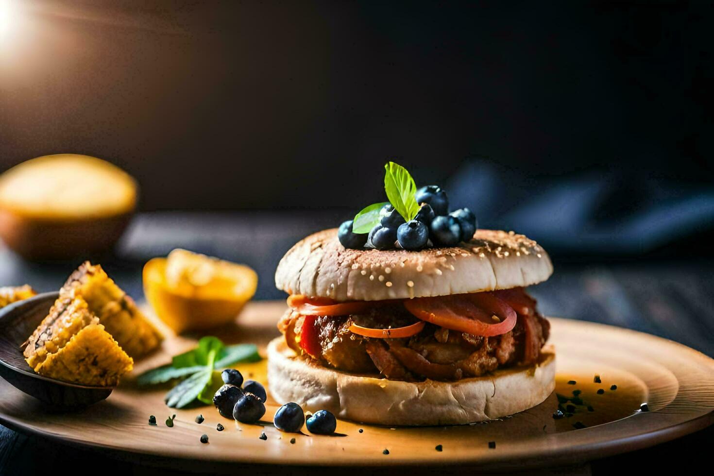 a hamburger with blueberries and tomatoes on a plate. AI-Generated photo