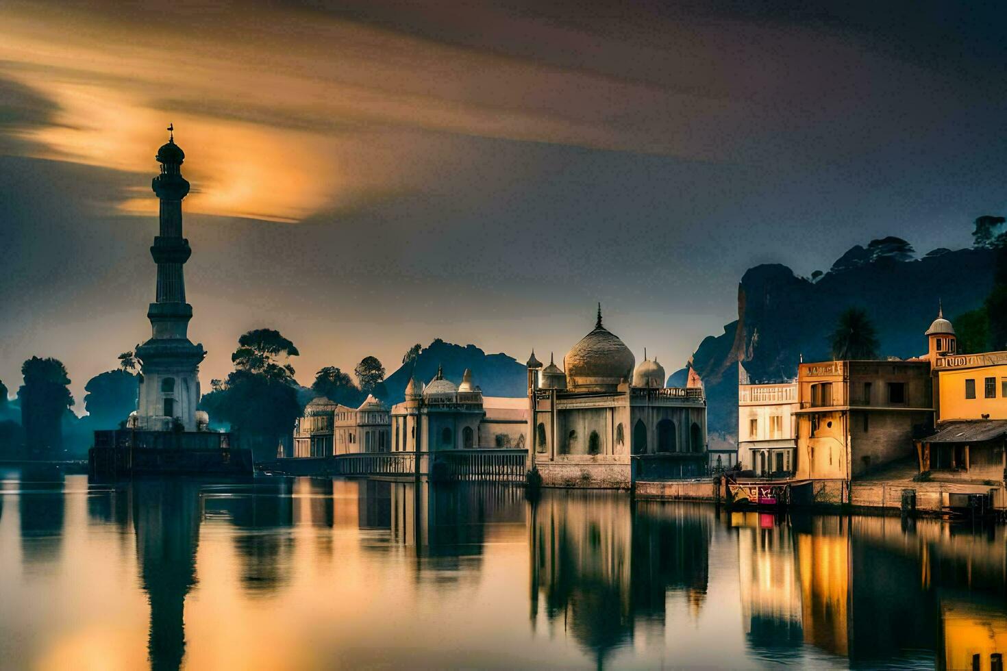 el puesta de sol terminado el lago en India. generado por ai foto