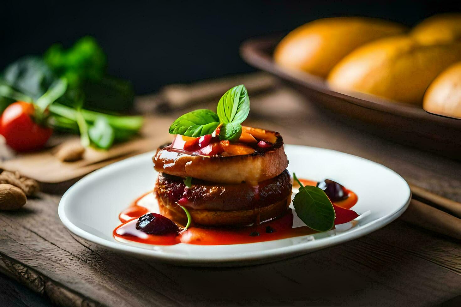 a plate with a dessert on it and some bread. AI-Generated photo
