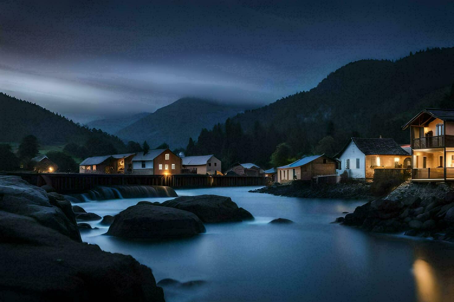 photo wallpaper the sky, mountains, water, houses, river, night, mountain, river,. AI-Generated