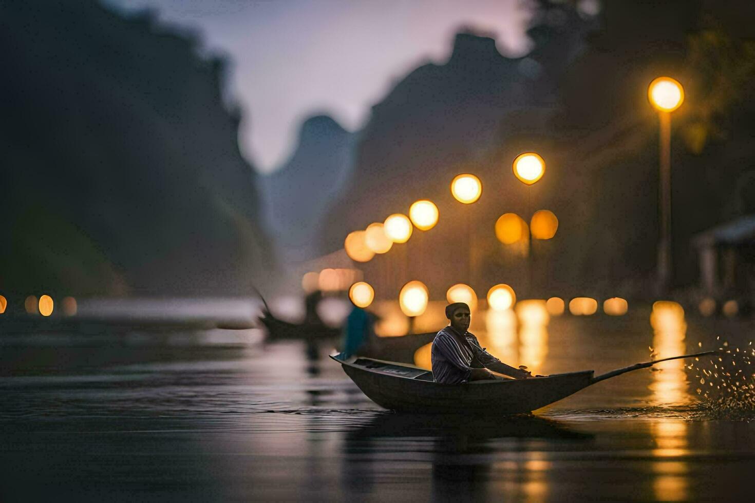 a man in a boat on the water at night. AI-Generated photo