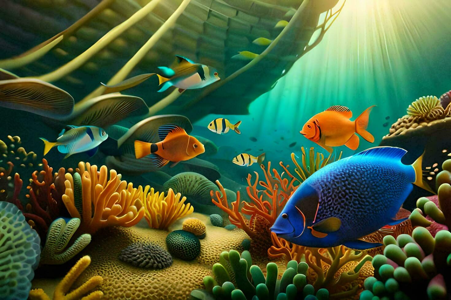 an underwater scene with colorful fish and corals. AI-Generated photo