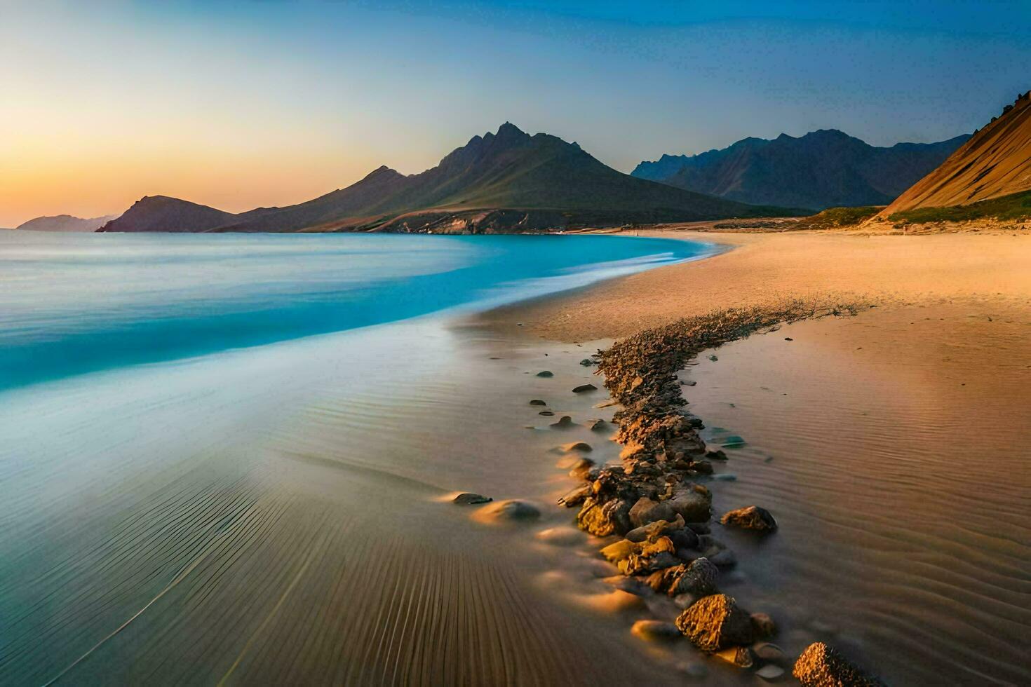 the beach, mountains, sunrise, the sea, the ocean, the beach hd wallpaper. AI-Generated photo