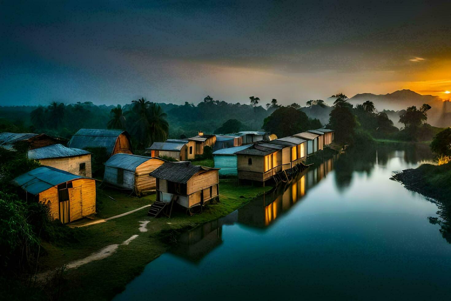photo wallpaper the sky, water, the river, the house, the village, the house,. AI-Generated