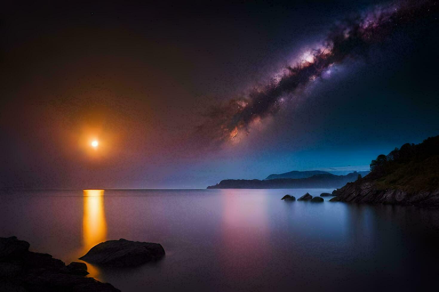 the milky way over the ocean at night. AI-Generated photo