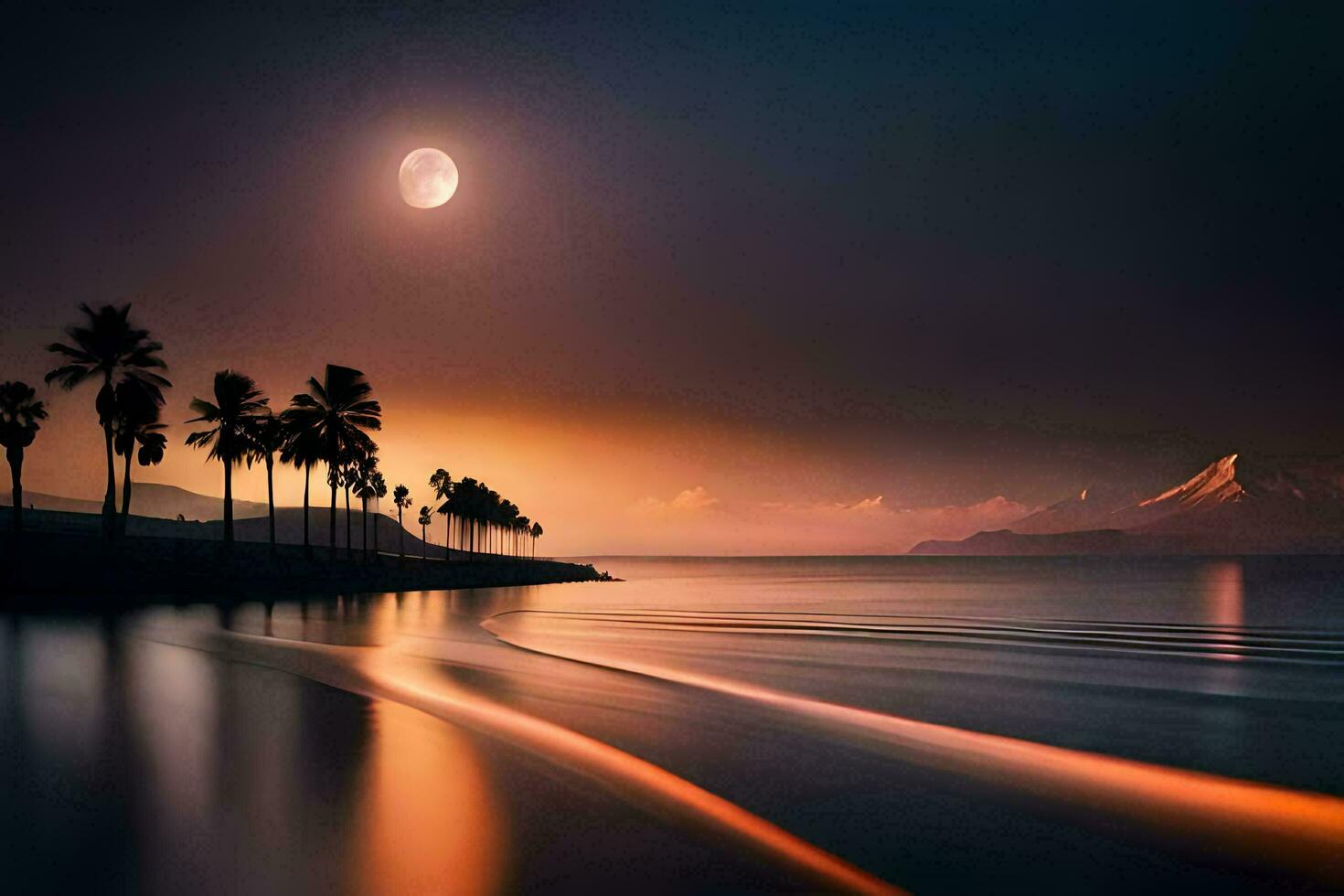 the moon is shining over the ocean and palm trees. AI-Generated photo