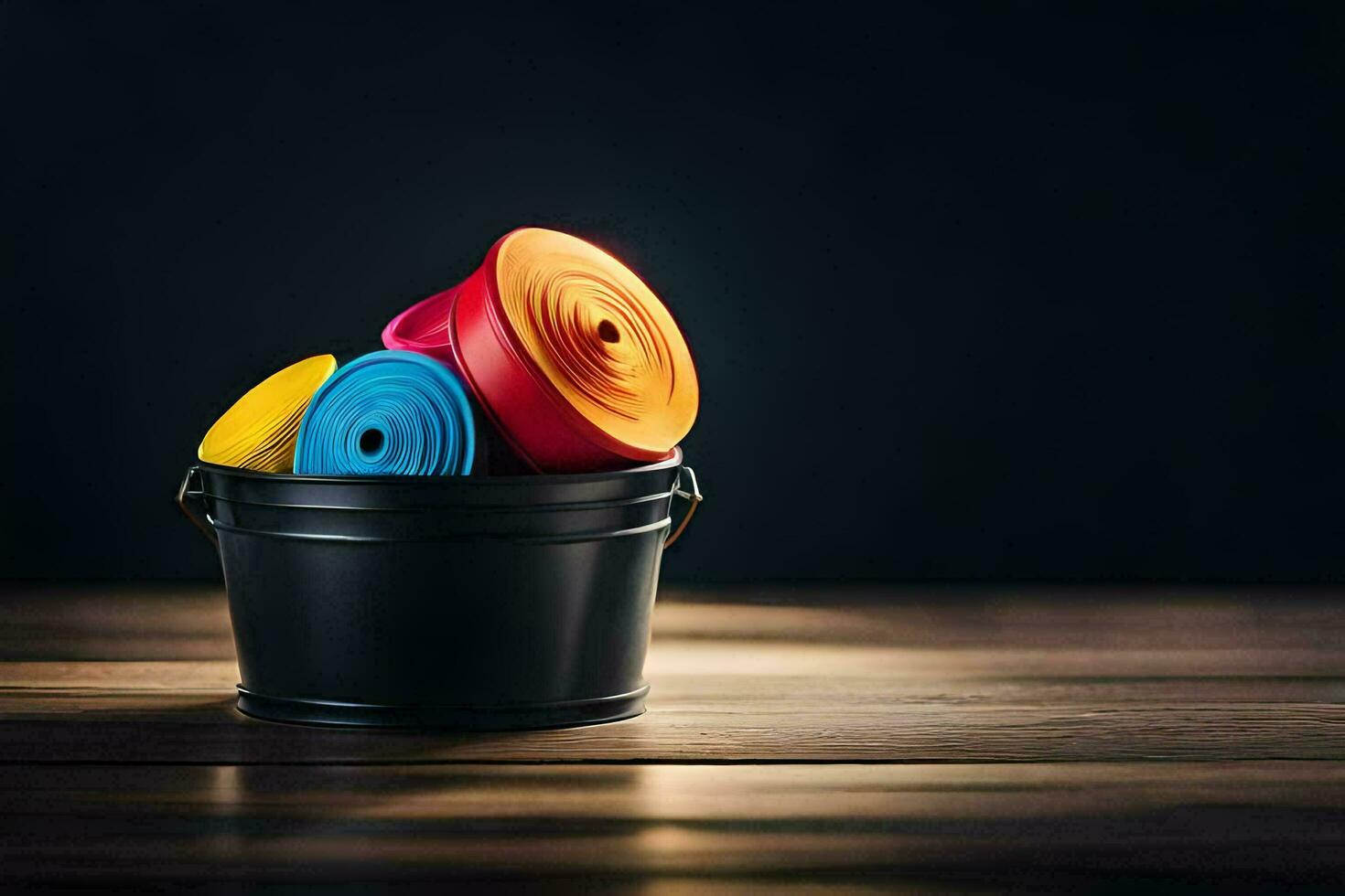 colorful plastic balls in a bucket. AI-Generated photo