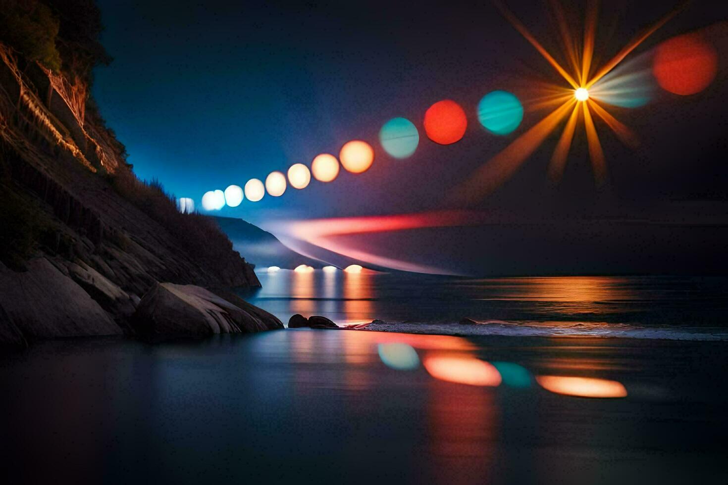 a long exposure photo of the sun shining over the ocean. AI-Generated
