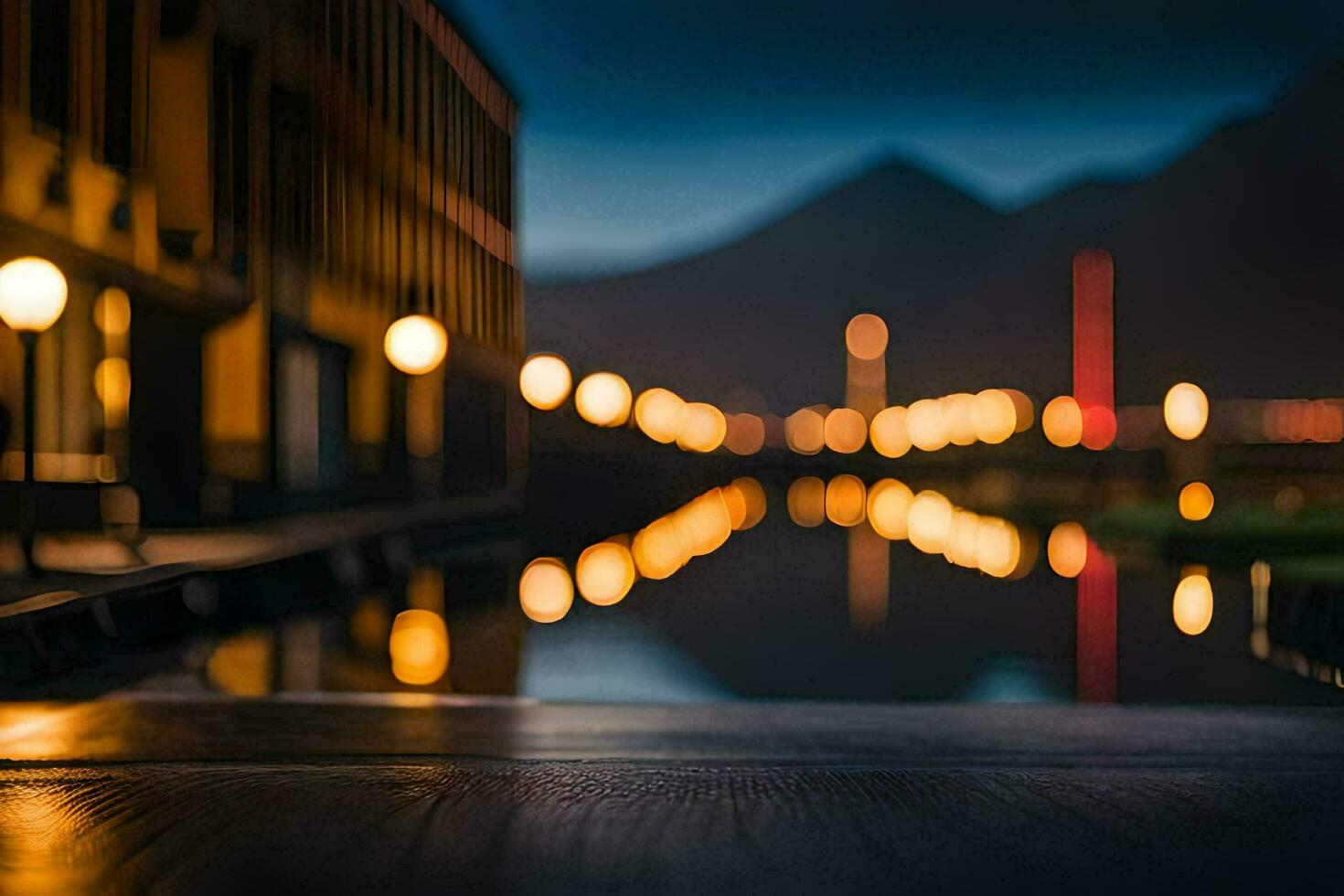 a city street at night with lights on the buildings. AI-Generated photo