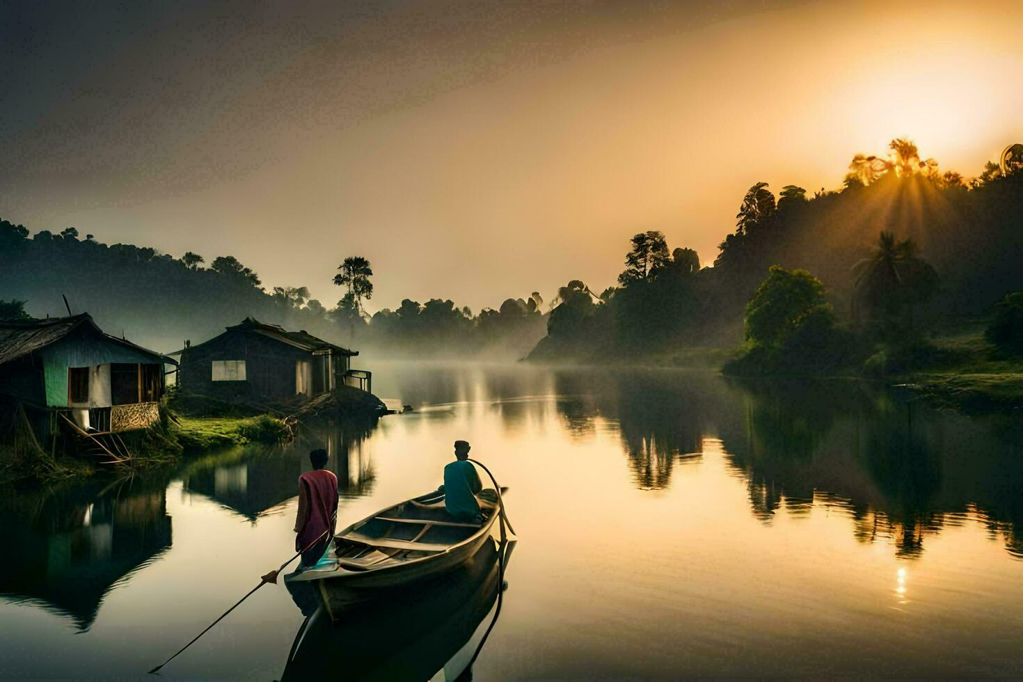 un hombre en un barco en un río a amanecer. generado por ai foto