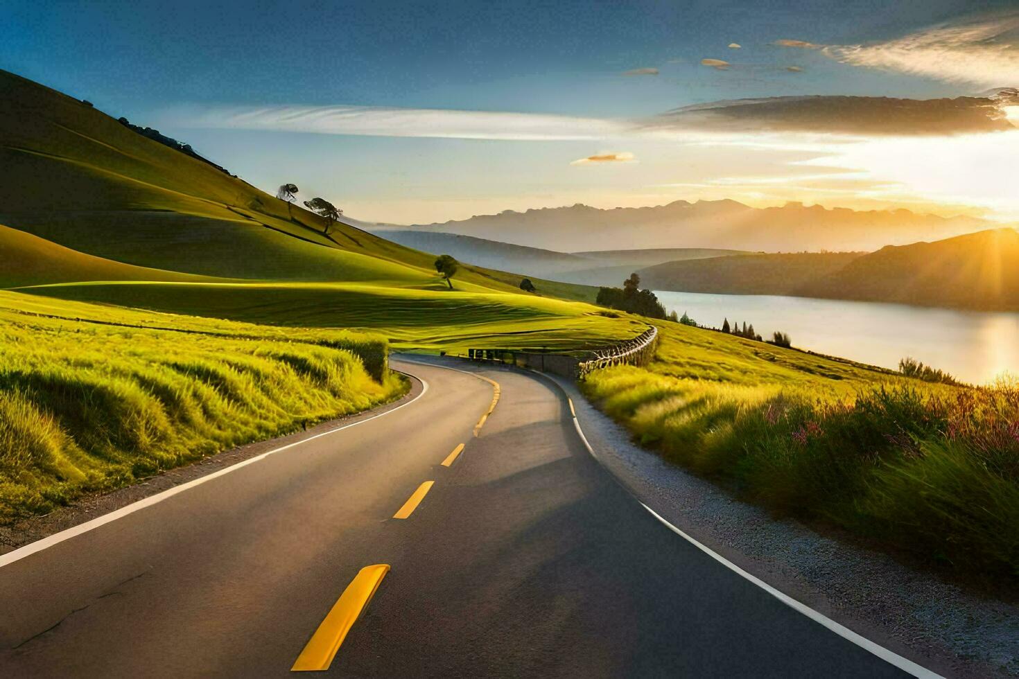 the road to the sunset. AI-Generated photo
