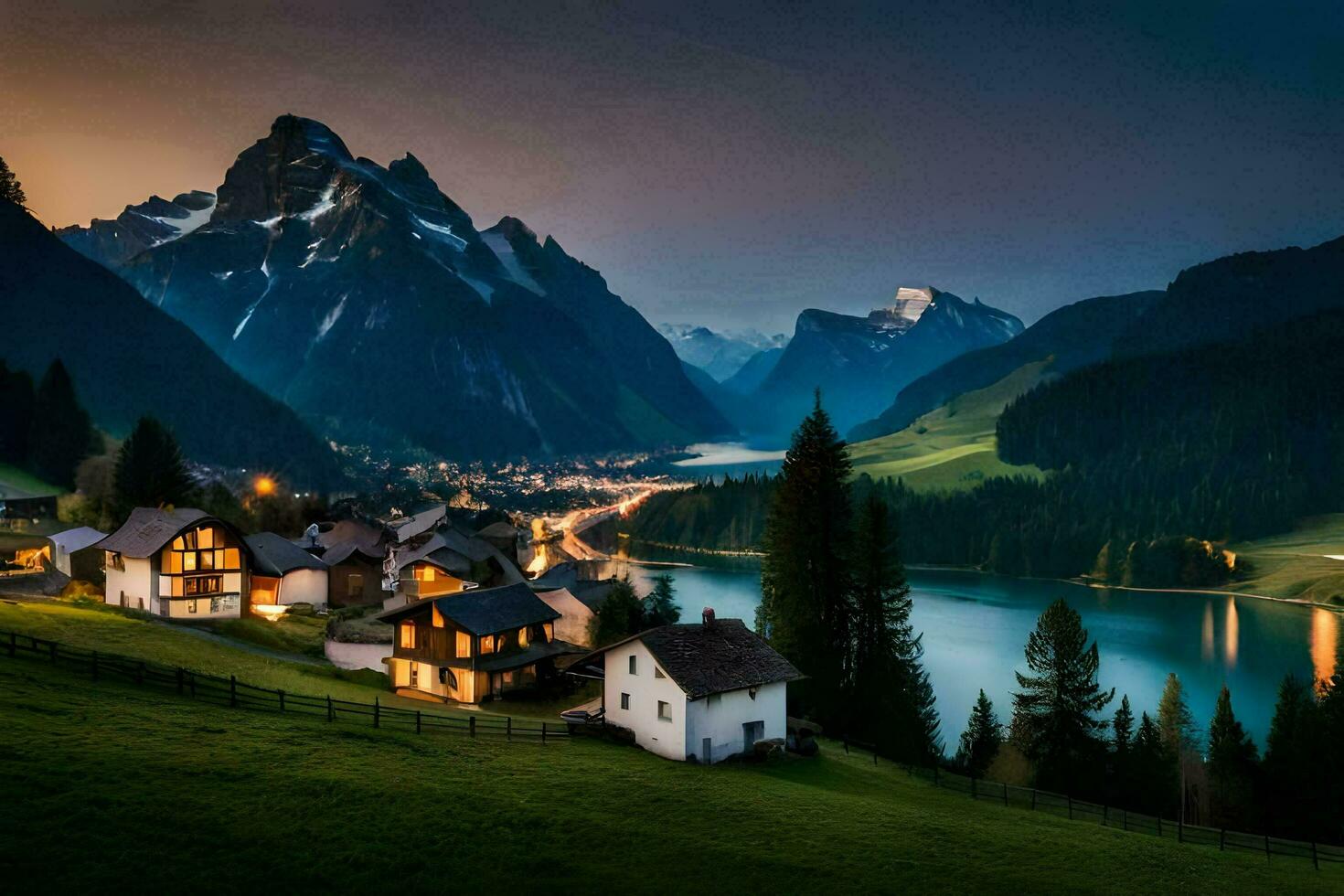 el pueblo de alpino pueblo en el Alpes. generado por ai foto