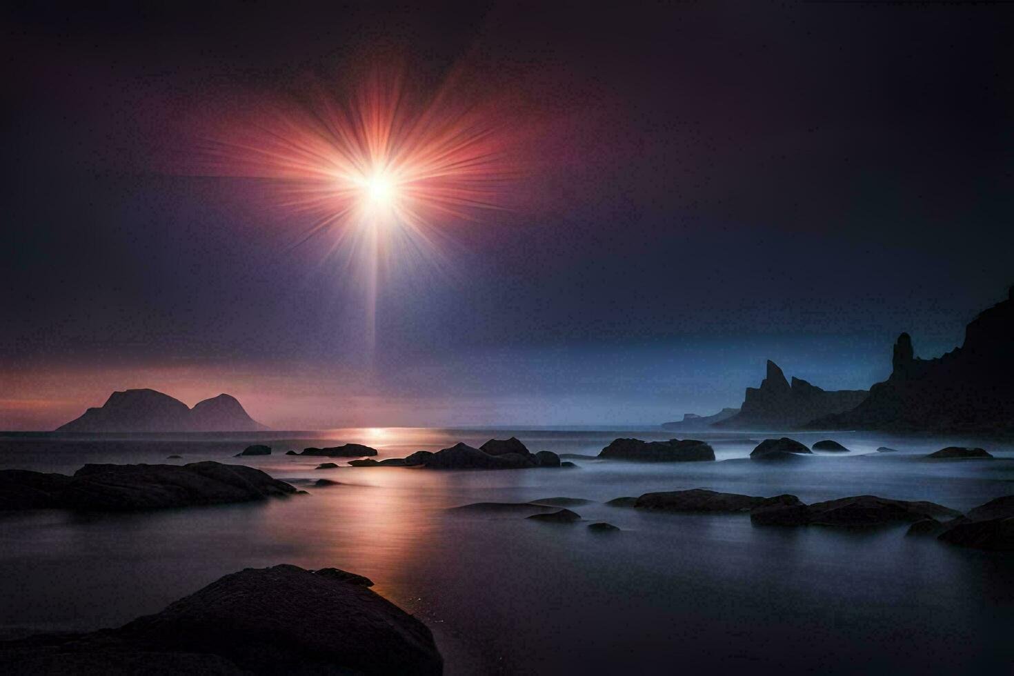 a bright star shines over the ocean in the dark. AI-Generated photo