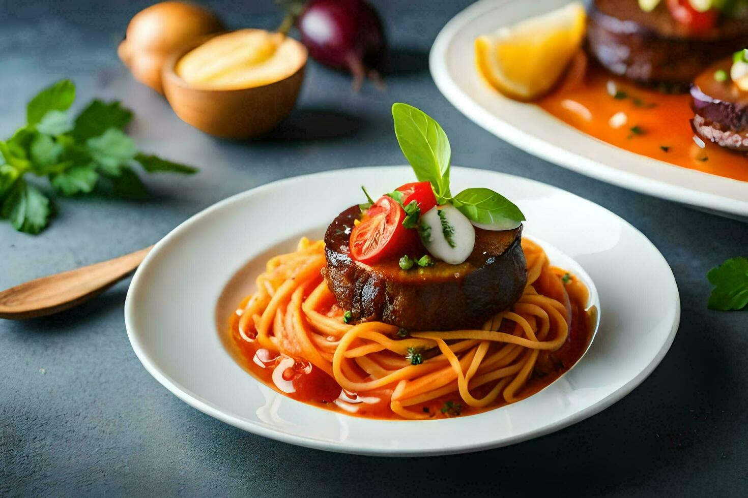 two plates with spaghetti and meatballs on them. AI-Generated photo