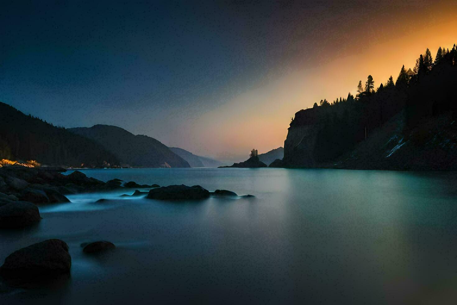 a beautiful sunset over a lake and mountains. AI-Generated photo