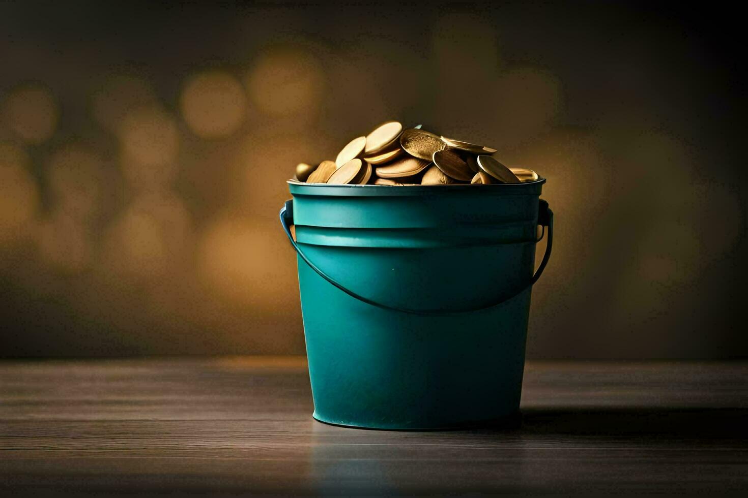 a bucket filled with gold coins on a wooden table. AI-Generated photo