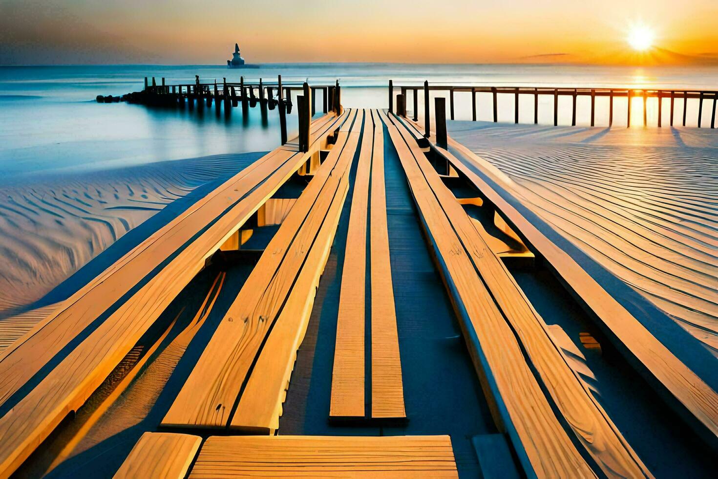 a wooden pier stretches out into the ocean at sunset. AI-Generated photo
