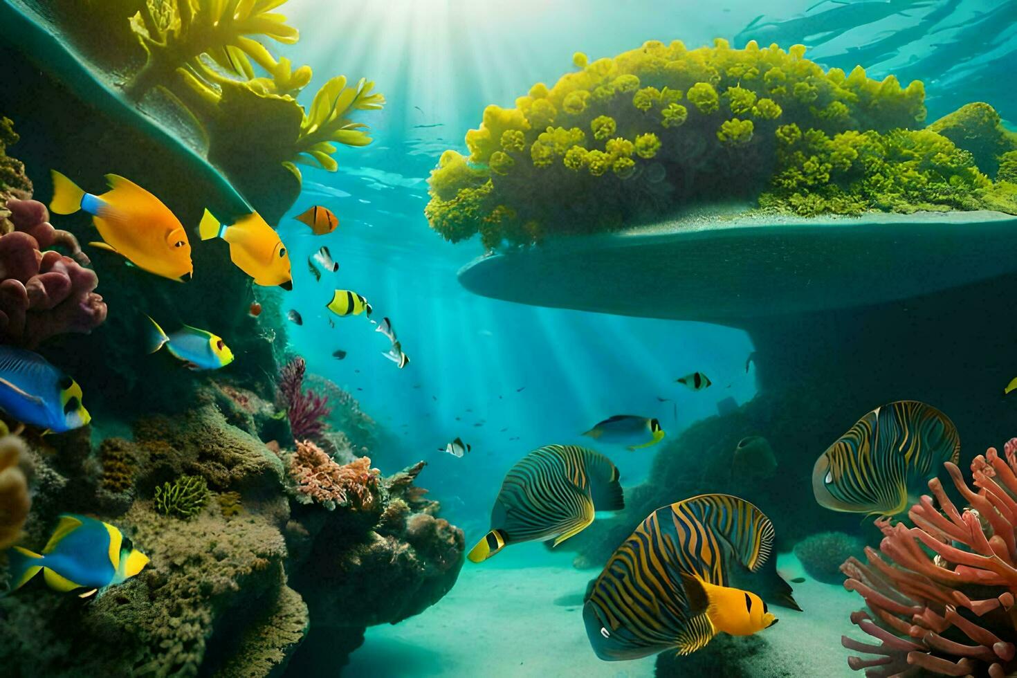 underwater scene with colorful fish and coral reefs. AI-Generated photo