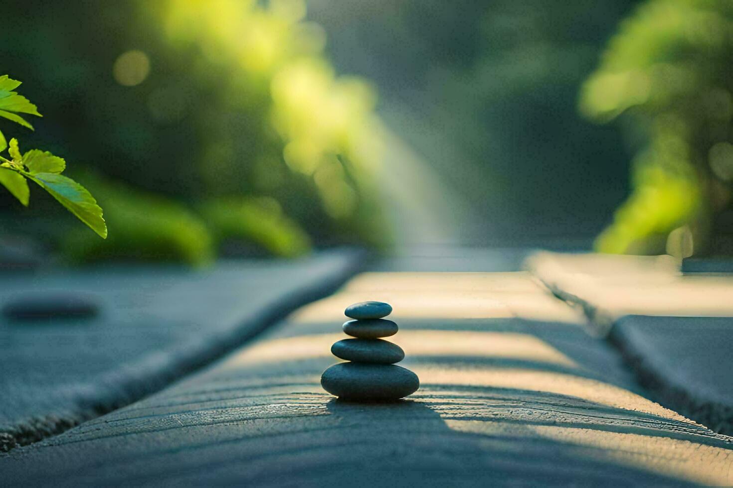 a zen stone is sitting on a wooden path. AI-Generated photo