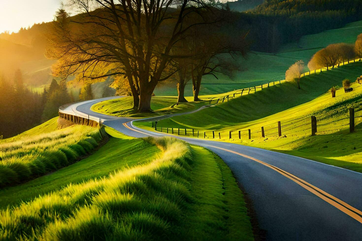 un devanado la carretera en el campo con arboles y césped. generado por ai foto