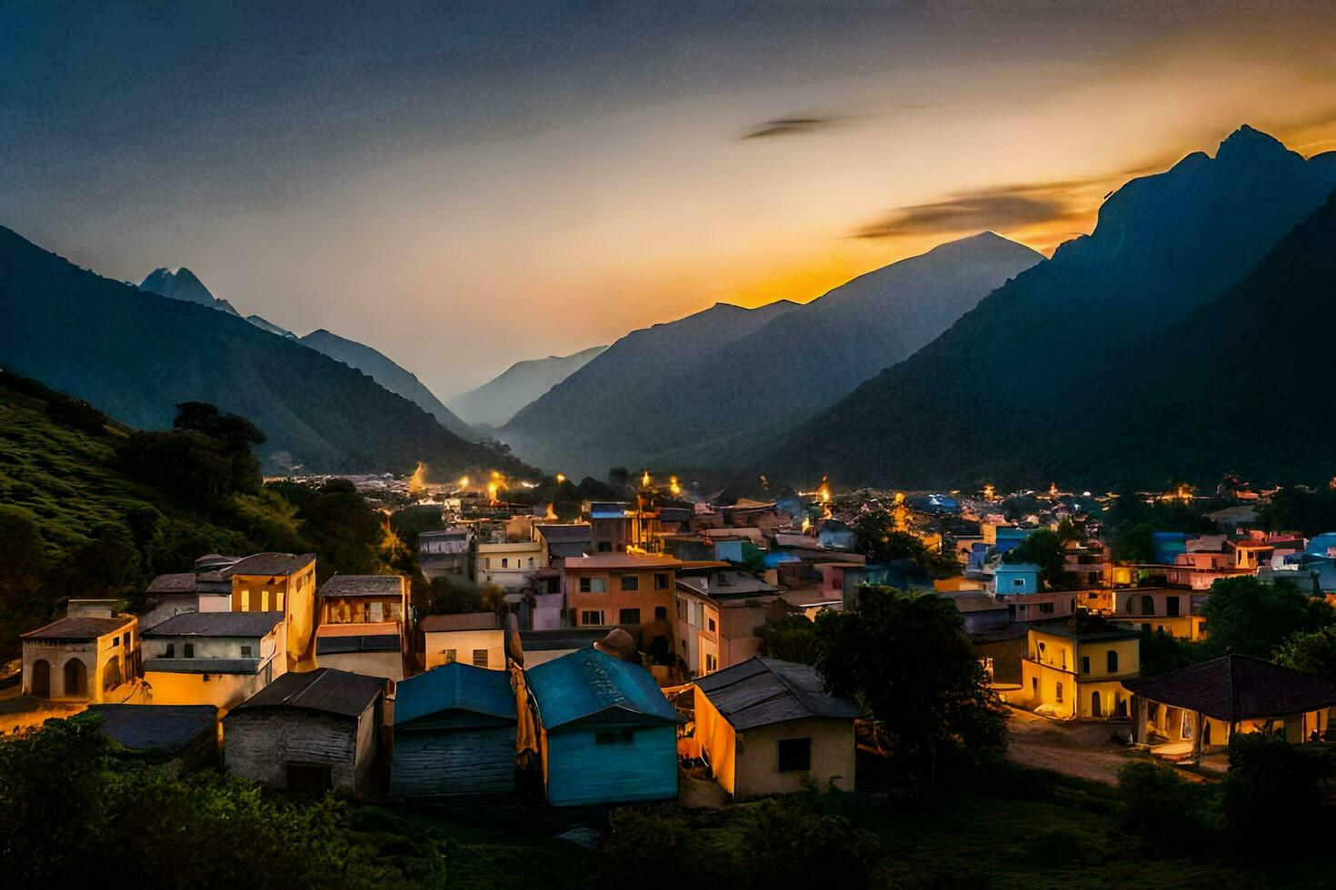 a village in the mountains at dusk. AI-Generated photo