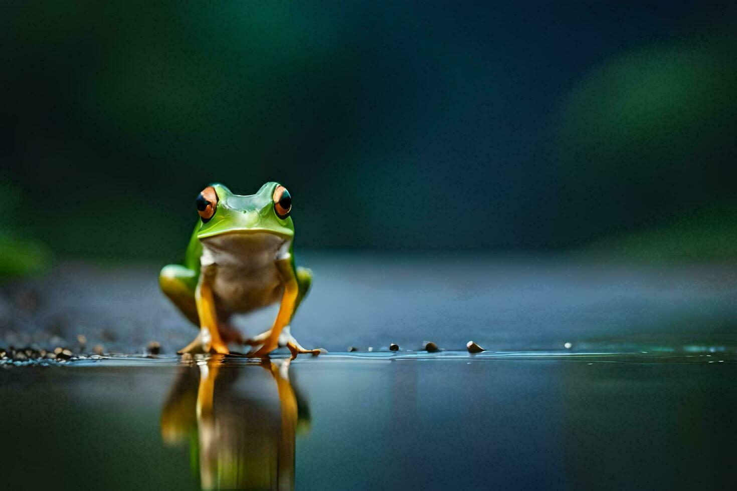 a frog sitting on the ground in the water. AI-Generated photo