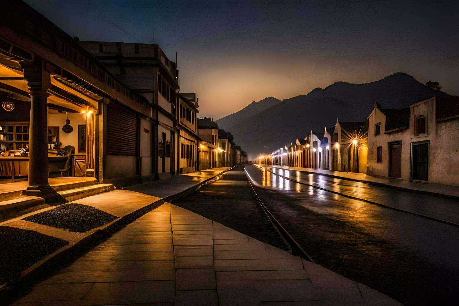 a street at night with a train track and buildings. AI-Generated photo