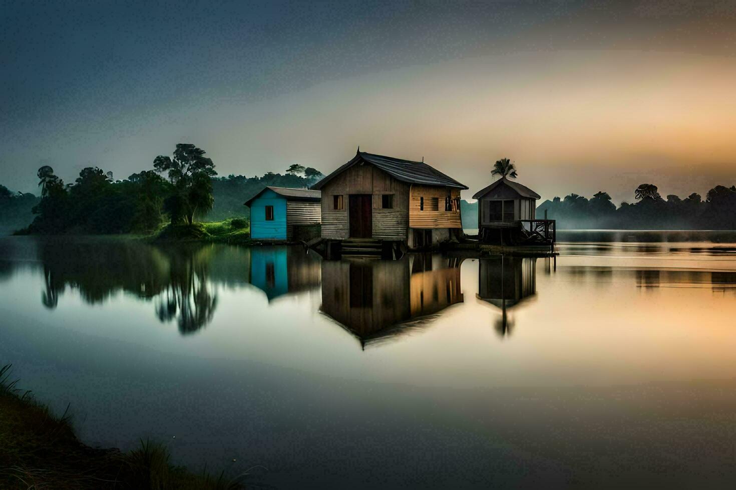 a house on the water at sunrise. AI-Generated photo