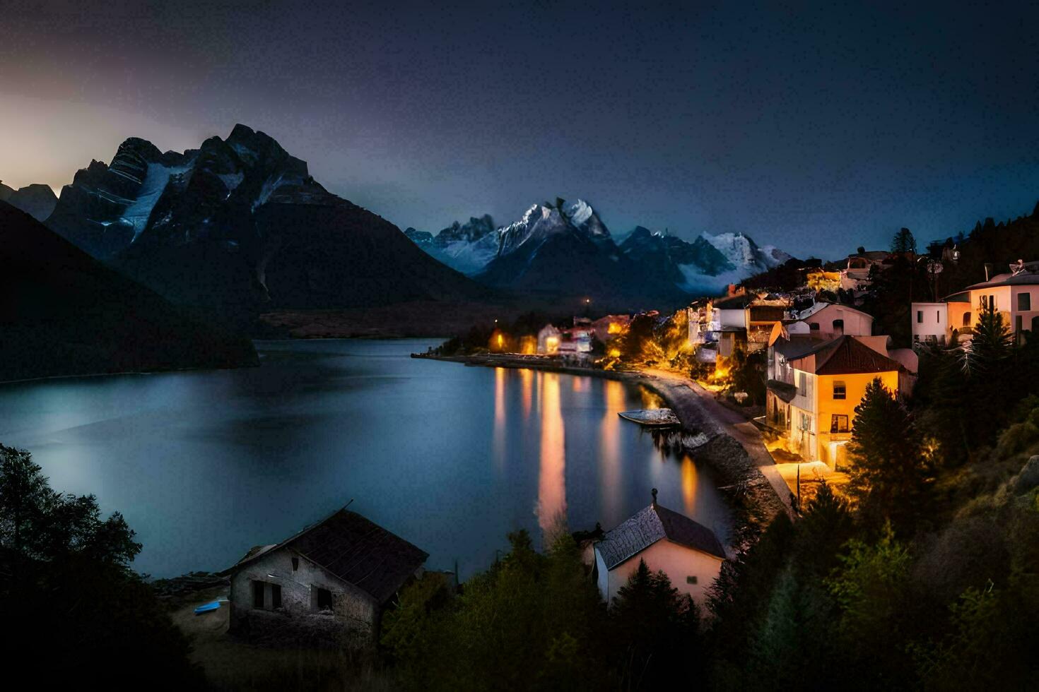 un pueblo se sienta en el apuntalar de un lago a noche. generado por ai foto