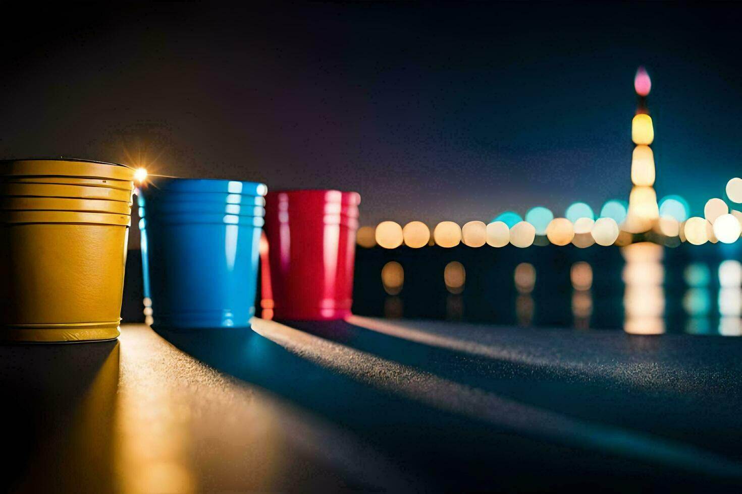 three red cups sit on a table in front of a city skyline. AI-Generated photo