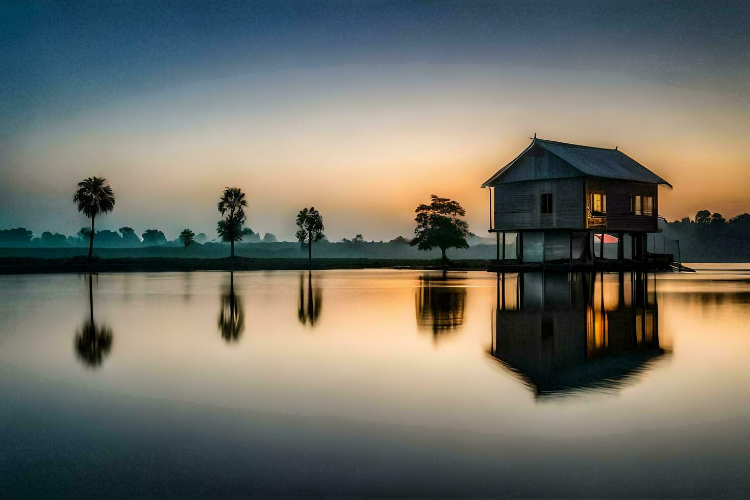 a house sits on the edge of a lake at sunset. AI-Generated photo