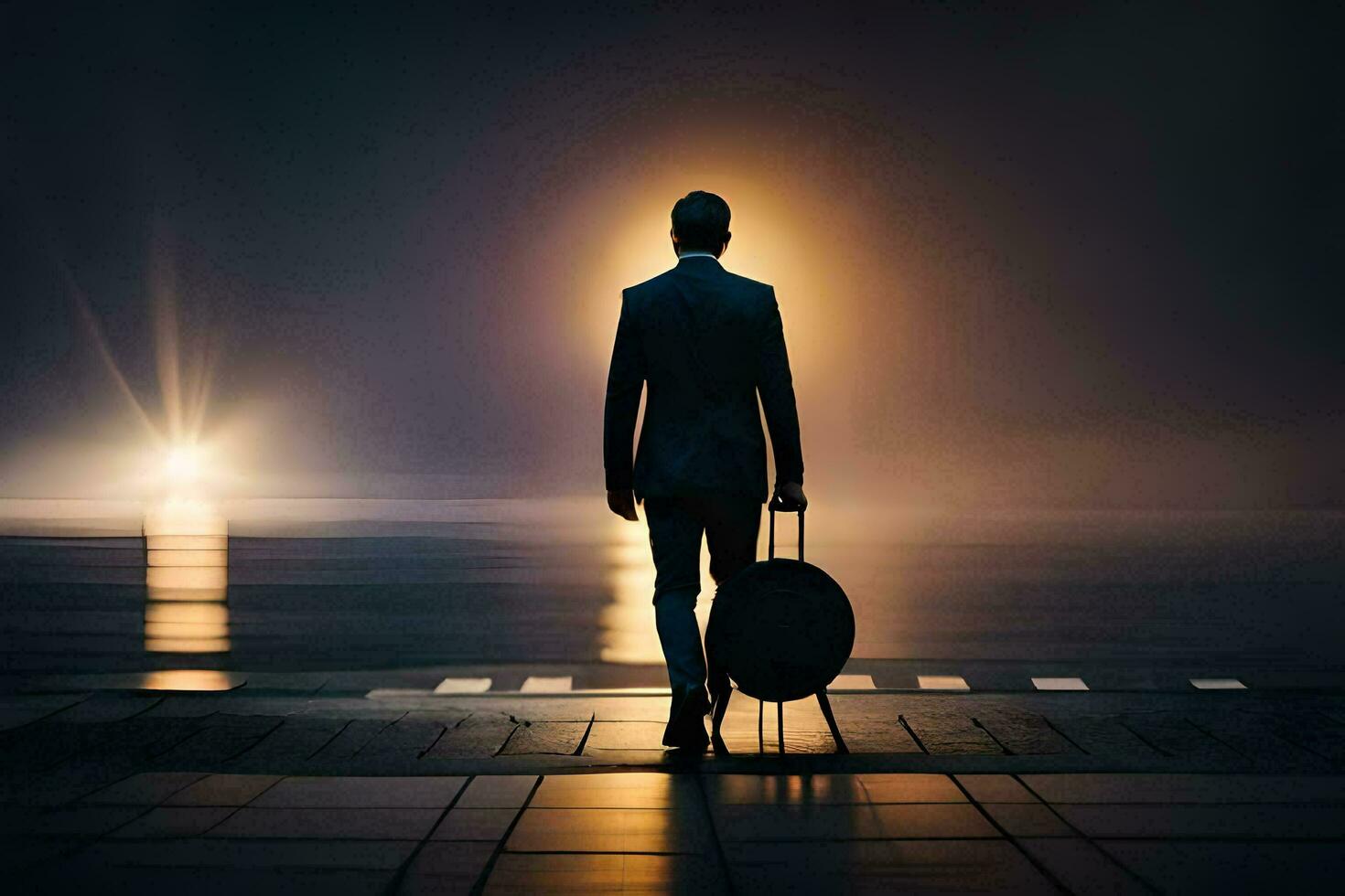 a man in a suit is walking along the beach at night. AI-Generated photo