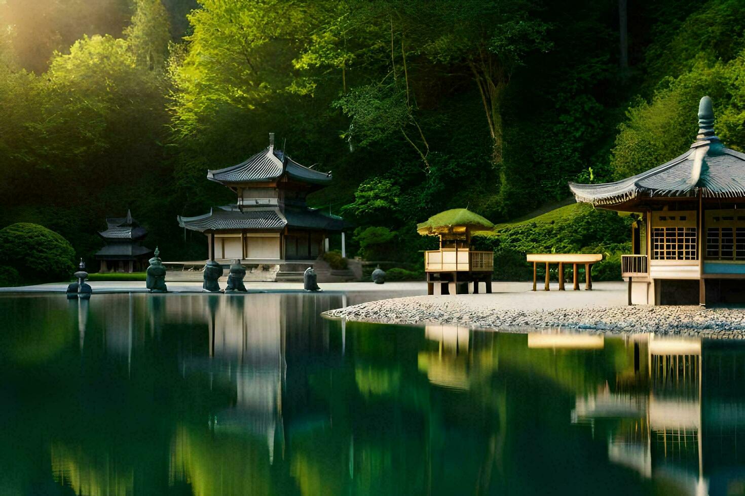 a pagoda sits on the edge of a lake in the forest. AI-Generated photo