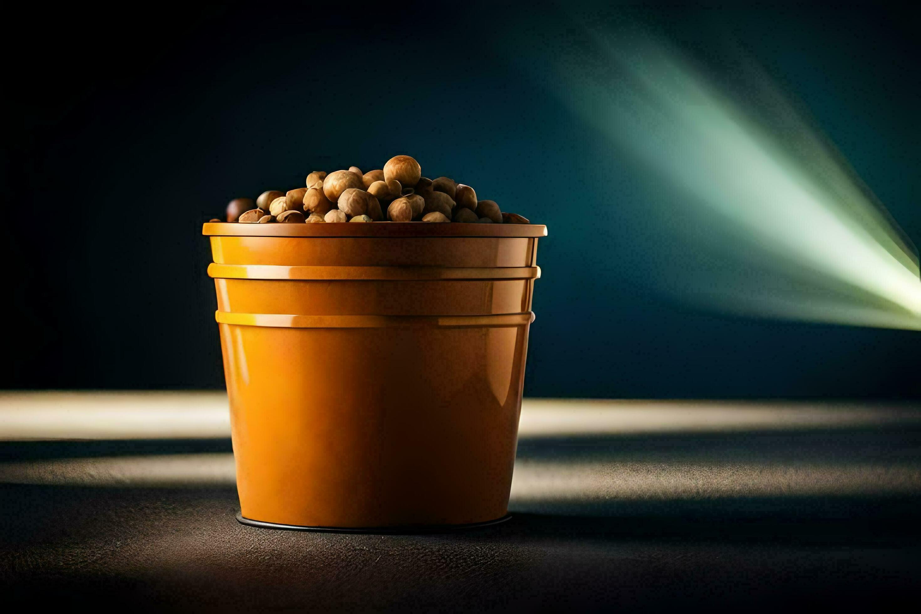 a bucket of beans on a table in front of a spotlight. AIGenerated