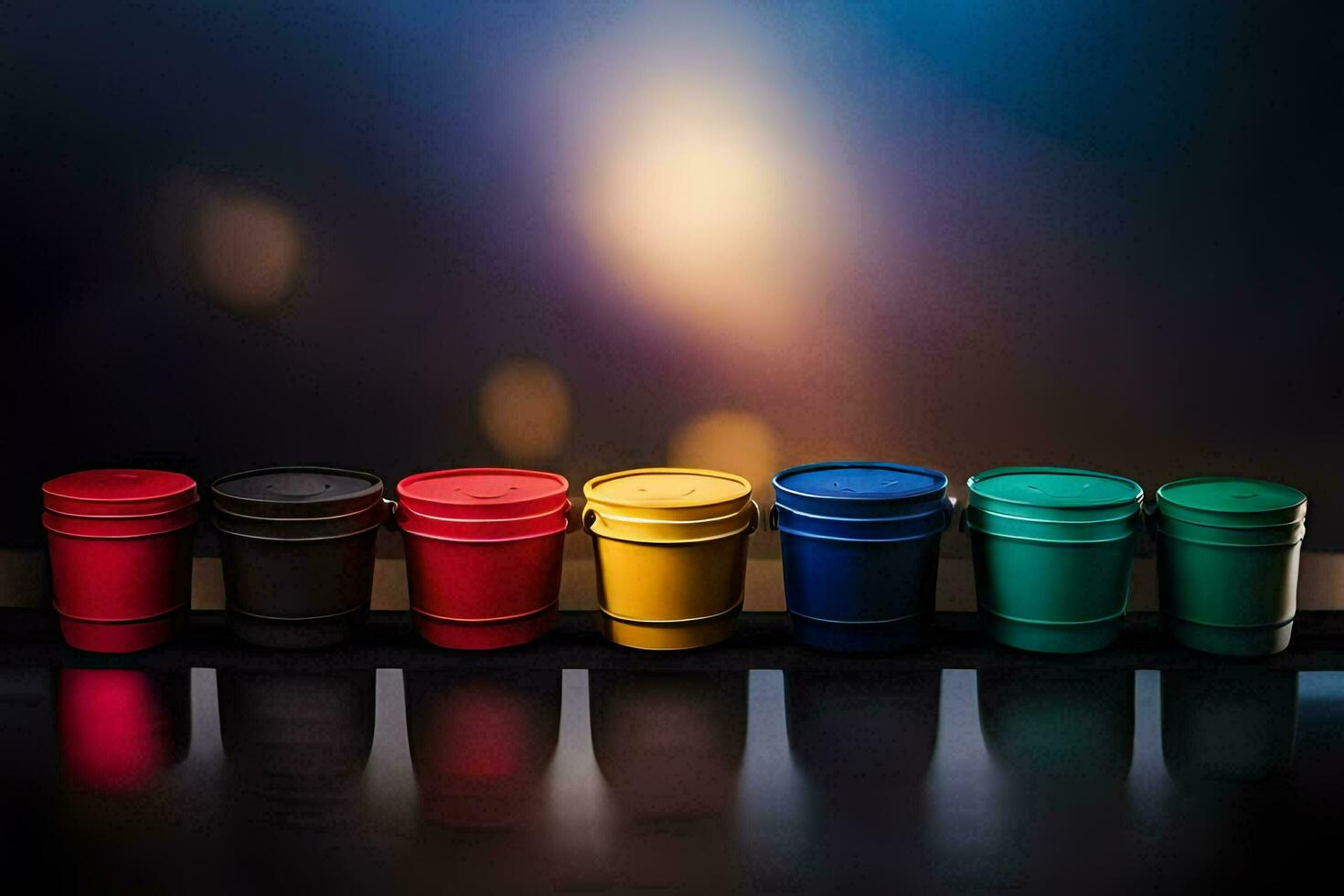a row of colorful cups on a table. AI-Generated photo