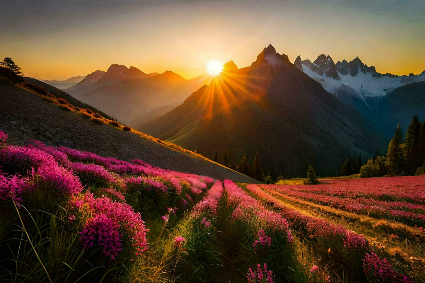 the sun rises over the mountains and flowers in the foreground. AI-Generated photo