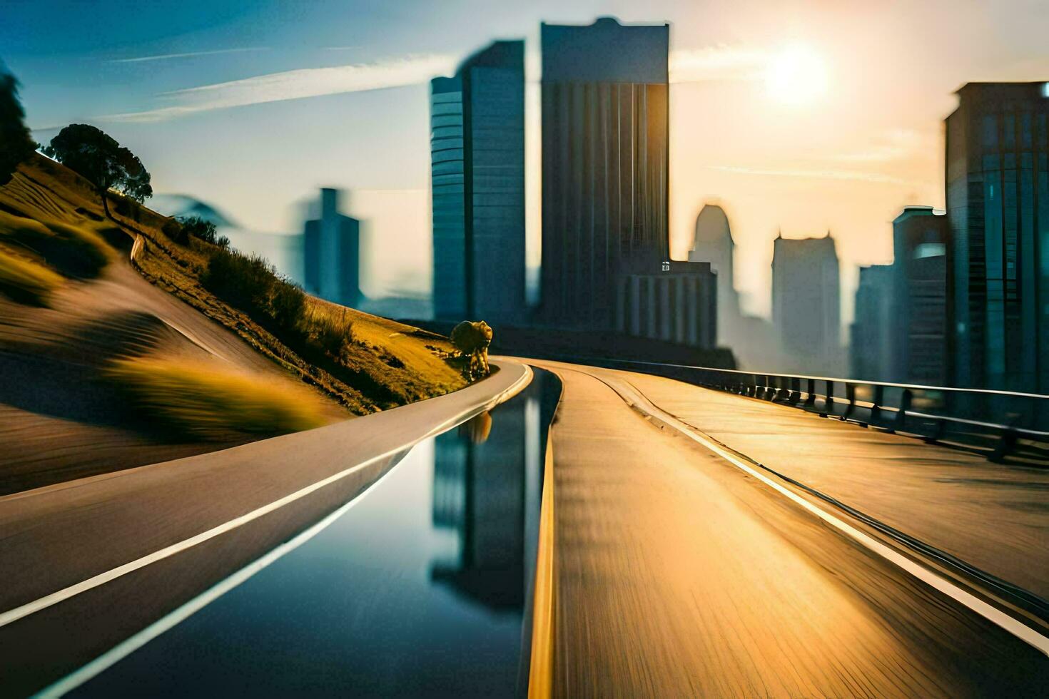 a blurry image of a city skyline with a road. AI-Generated photo