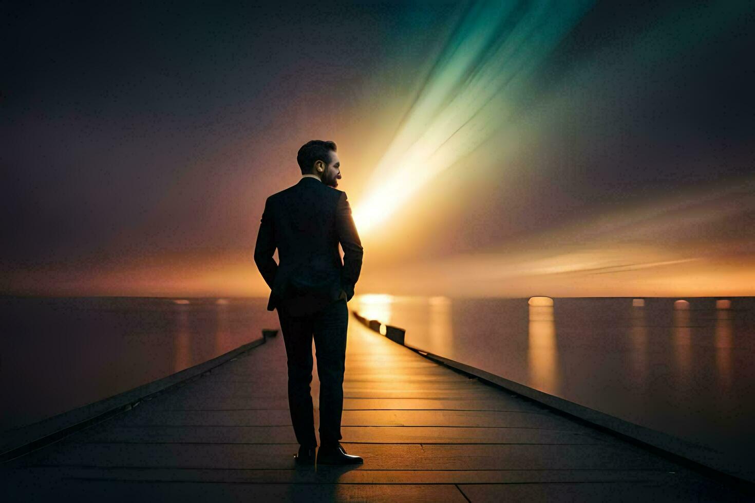 a man in a suit stands on a pier looking at the sky. AI-Generated photo