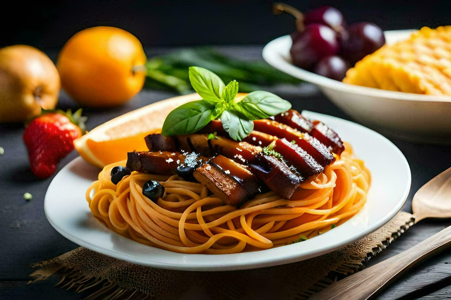 a plate of spaghetti with meat and vegetables. AI-Generated photo