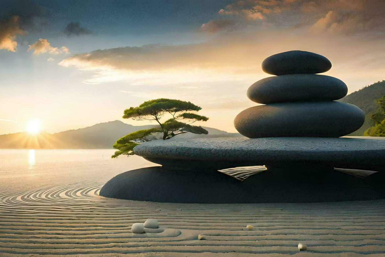 a zen garden in the sand. AI-Generated photo
