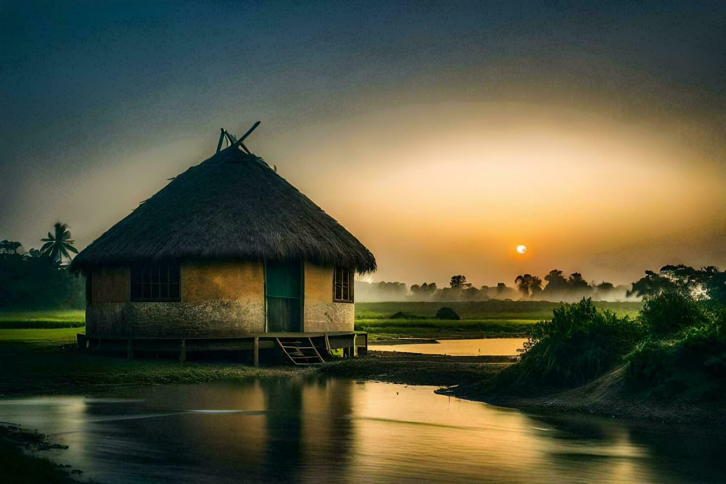 the sun rises over a small hut in the middle of a river. AI-Generated photo