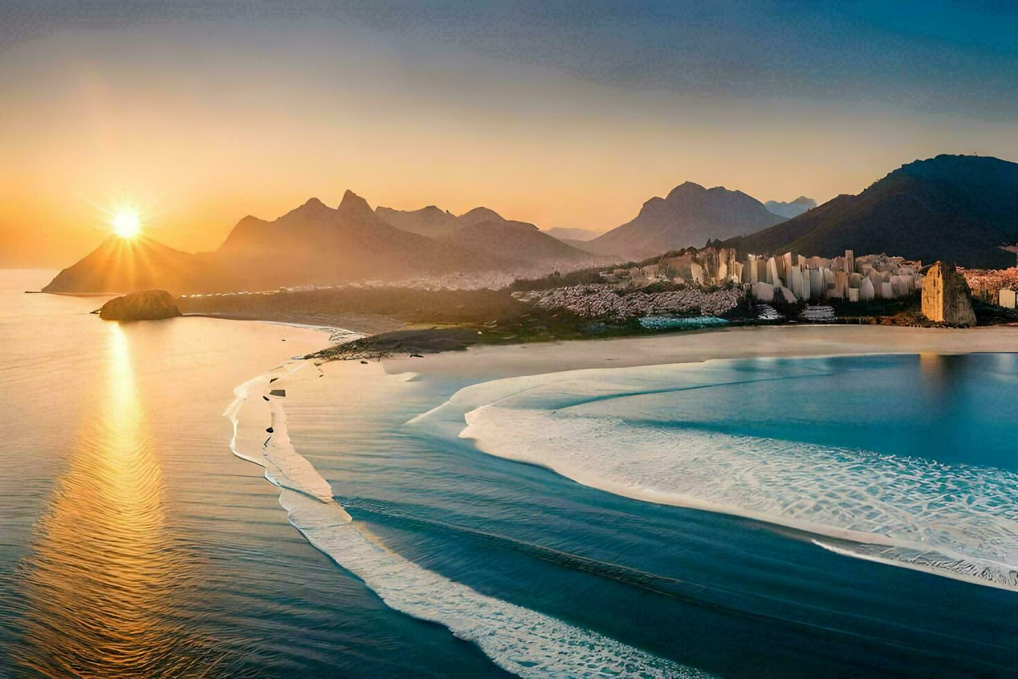 rio Delaware janeiro, Brasil, atardecer, playa, montañas, atardecer, atardecer,. generado por ai foto