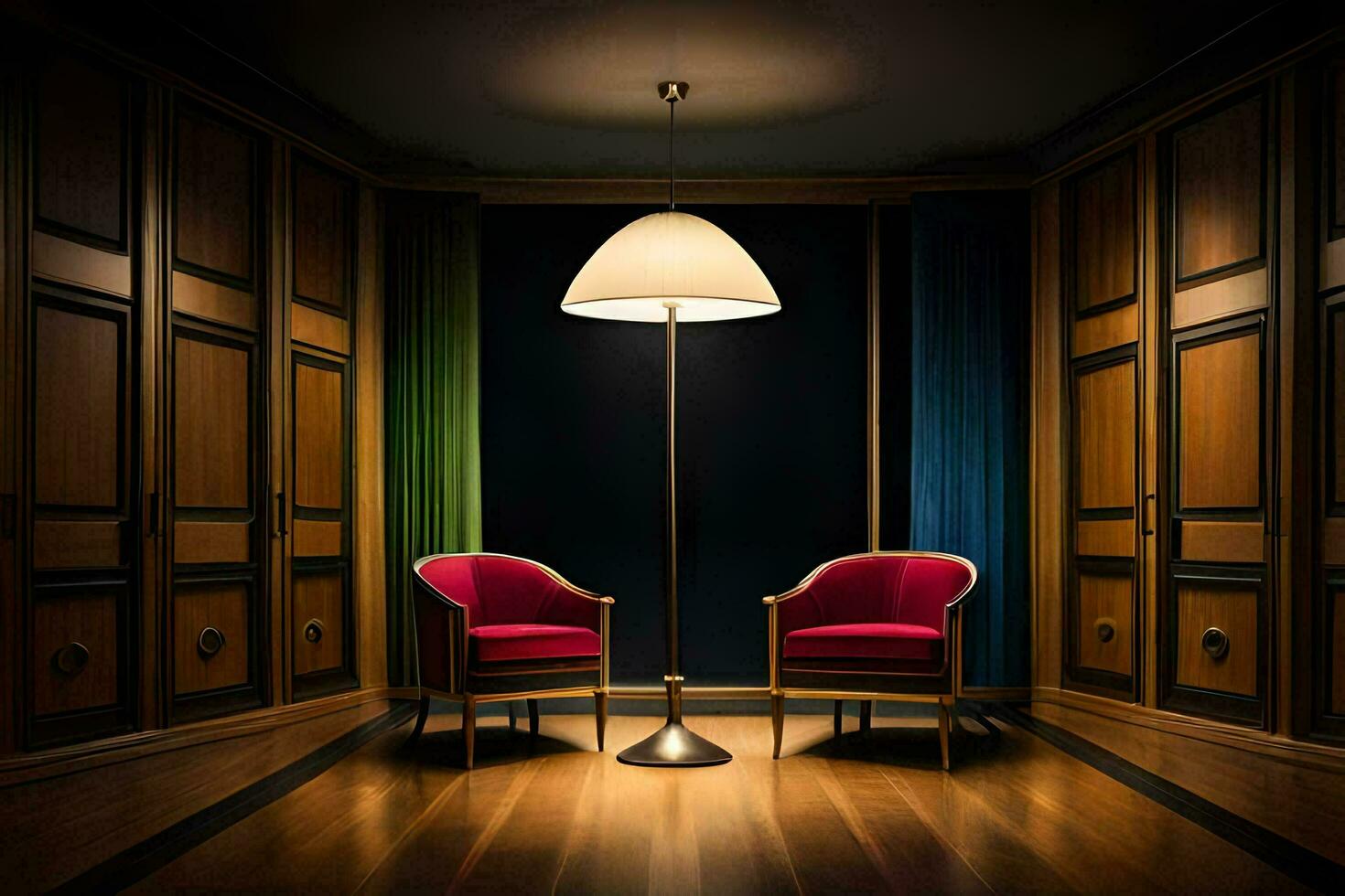 two red chairs in a room with a lamp. AI-Generated photo