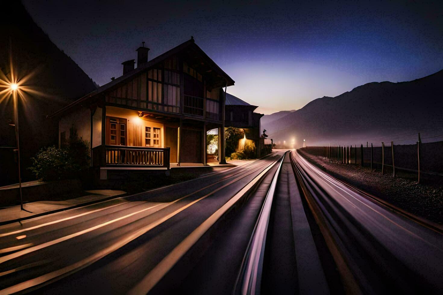 a train is going down the tracks at night. AI-Generated photo