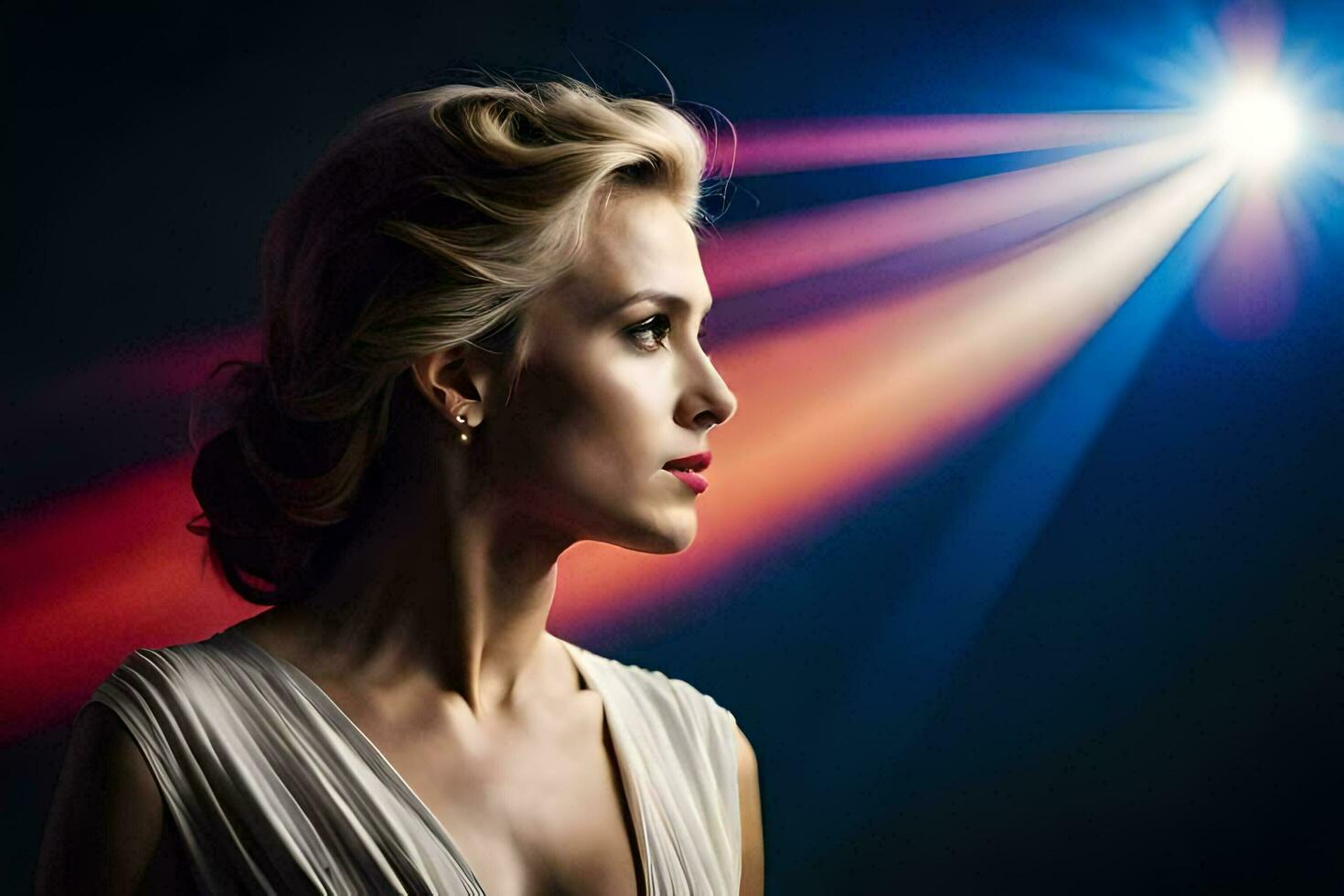 a woman in a white dress with a spotlight shining on her. AI-Generated photo
