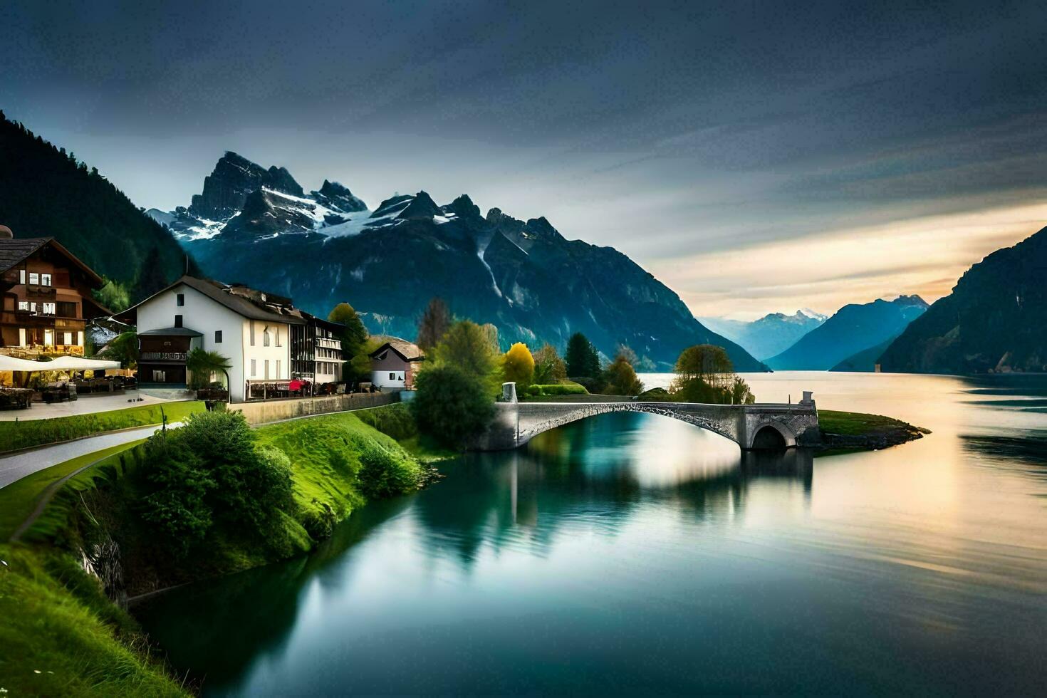 a bridge over a river in the mountains. AI-Generated photo